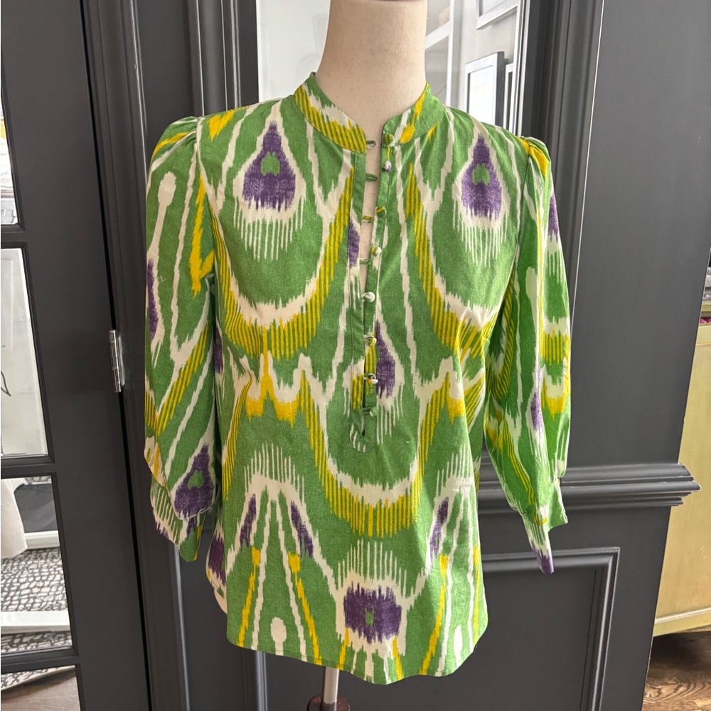 Anthropologie Green and Yellow Patterned Women's Top
